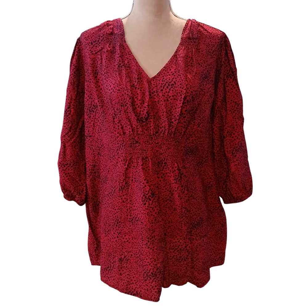 Ulla Popken Red Black Animal Print Smocked Empire Waist V-Neck Blouse Plus 16/18